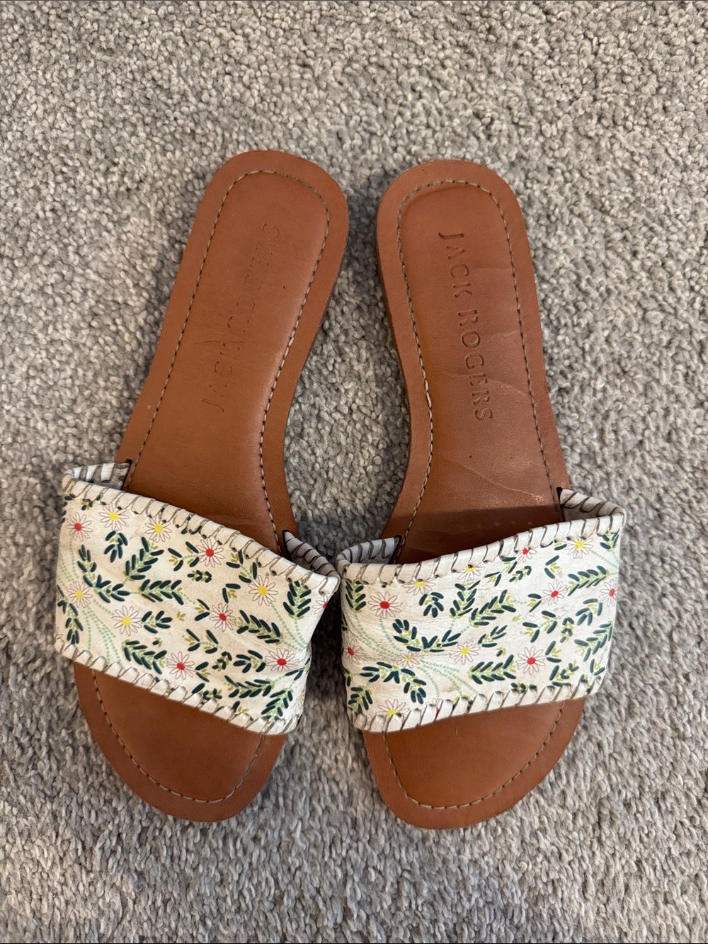 Jack Rogers Cream Floral Embroidered Slide Sandals with Brown Footbed